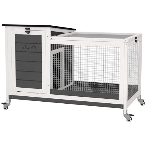 PawHut Kaninchenstall aus Holz Hasenstall mit Freilaufgehege Rädern Klappdach Ausziehbarem Tablett...
