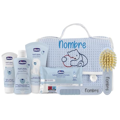 Mababyshop Mi Primera Canastilla Bebé Personalizada – Bolsa Piqué Bordada, Set Dermocosmética, Cepillo y Peine Grabados con el Nombre, Regalo Recién Nacido Baby Shower