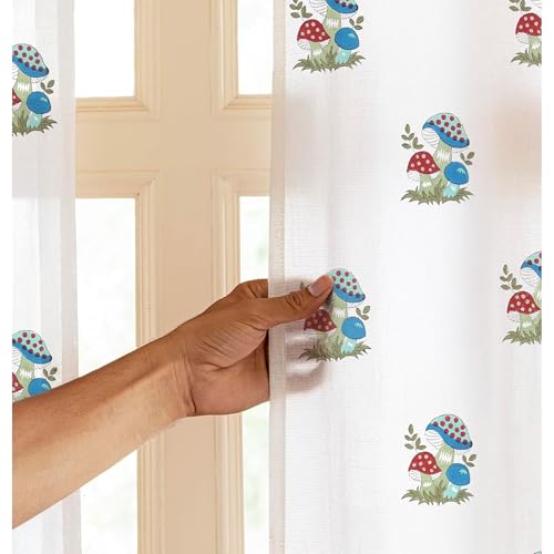 Image of LINENWALAS Printed Decorative Cotton Sheer Curtains 5 Feet Long Set of 2 Panel, Grommet Hanging, Mushroom Carnival Curtains for Children Room, Living Room, Home Decor (L-7 x W-4.5 Feet)