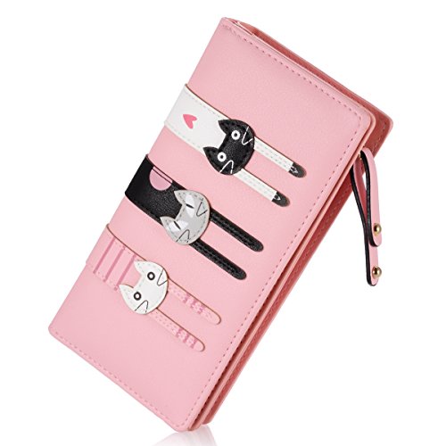 Women's Wallet Cute Cat Wallet Coin Purse Bifold Long Purse with Zipper Pink