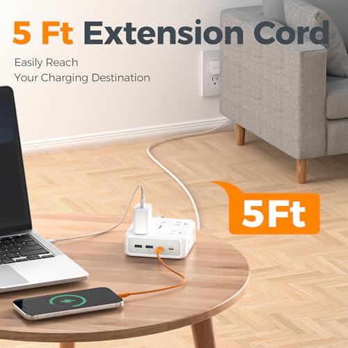 5ft Flat Plug Extension Cord Indoor, TESSAN Surge Protector Power Bar with 4 USB (2 USB C), Power Strip with 8 Multi Plug Outlets, Charging Station Wall Mount for Dorm Room Home Of image 5