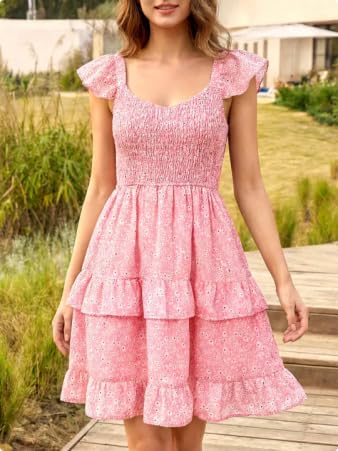 Image of Women Summer Dresses Casual Boho Smocked Ruffle Sun Beach Babydoll Mini Dress Layered Flowy Swing Dress