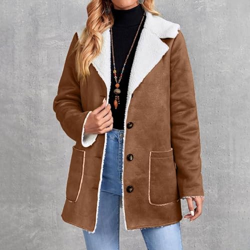 Women's Faux Suede Sherpa Trench Coat Winter Warm Lapel Outwear Sherpa Fleece Lined Jackets Plus Size Pea Coat2