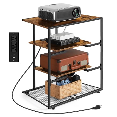 4 Tier AV Media Stand with Power Outlets, Wooden Audio Rack Tower with Metal Shelves, Small Entertainment Center with Storage, Stereo Cabinet for DVD Player, Game Console, Record Player, Rustic Brown