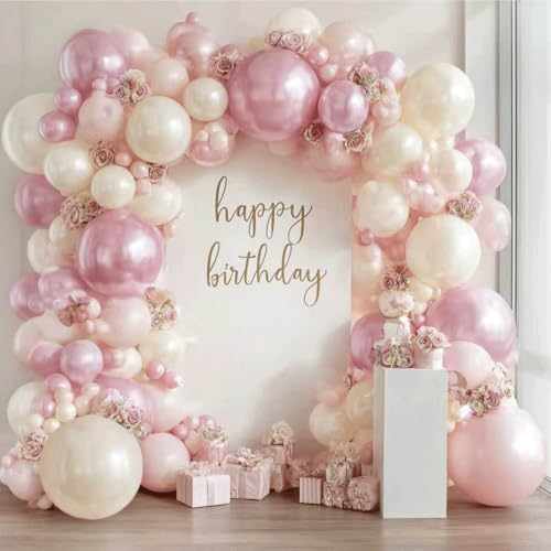 Image of Zesliwy Pink and White Balloons Arch Kit,Double Stuffed Pearl Light Pink Metallic Pink Balloon Sand White Beige Ivory Balloons Garland for Birthday Wedding Valentine's Day Bridal Shower Party Decor