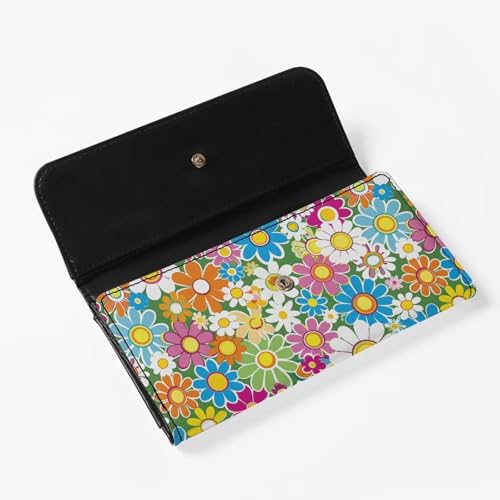 Image of AFPANQZ Colorful Hippie Flower Women Wallet Soft Leather Designe, RFID Blocking Large Capacity Shopping Outdoor Vintage Phone Holder Pockets