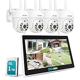 Sovmiku 10インチモニタ一体型NVR 500万画素ワイヤレスカメラ4台セット チャンネルまで増設可 双方向音声 360° PTZ機能カメラ 遠隔監視 防水等級ip66 AI動体検知 屋内/屋外 セキュリティ 防犯カメラ (500万画素カメラ4台＋10チャンネル対応の録画機＋1TBのHDD内蔵) 防犯対策助成金あり