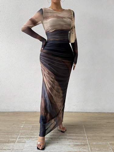 MARZXIN Womens Long Sleeve Maxi Dress Bodycon Ruched Natural Slim Fit Tie Dye Dress Cocktail Dresses Mesh Dress3