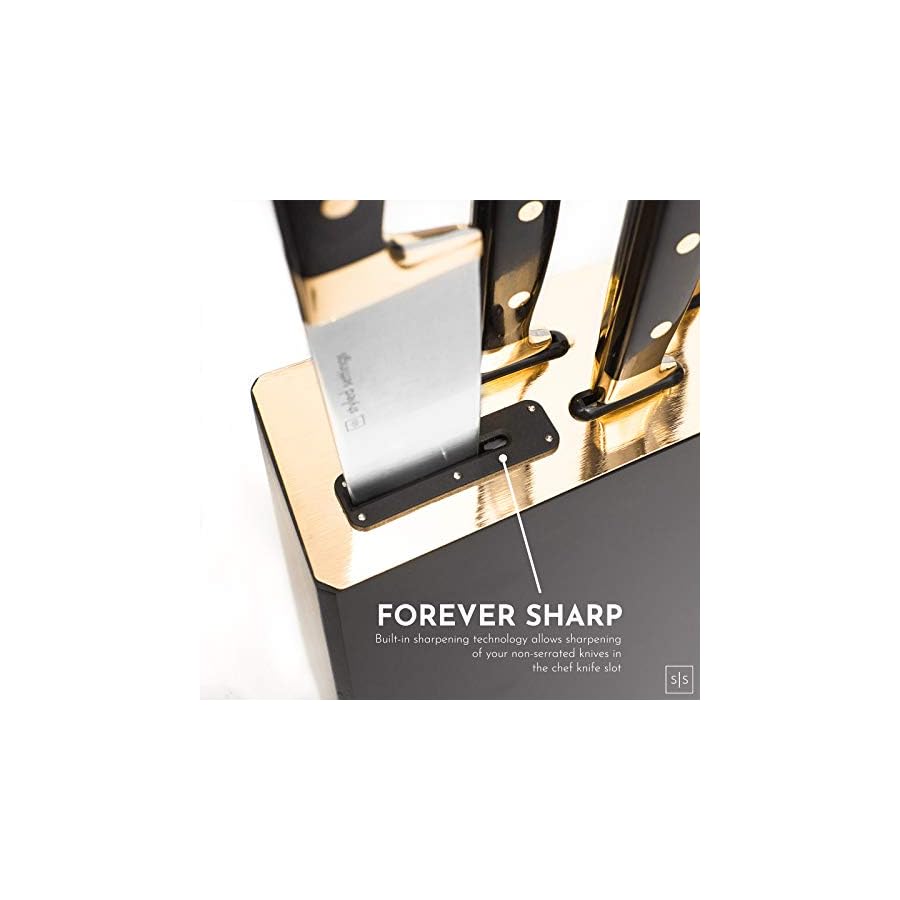 Black-and-Gold-Knife-Set-with-Block-6-PC-Luxe-Gold-Kitchen-Knife-Set-with-Block-Self-Sharpening-Modern-Knife-Set-with-Self-Sharpening-Knife-Block-Set-Black-and-Gold-Kitchen-Accessories Black and Gold Knife Set with Block - 6-Piece Luxe Kitchen Knives with Block and Sharpener - Modern Black and Gold Kitchen Accessories for Stylish Cooking