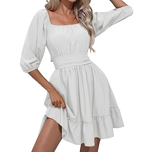 Piratenkostüm Damen Swing Rüschenkleid mit Langen Puffärmeln Off Shoulder Slash Neck Skaterkleid Einfarbiges A-Linien-Kleid Knielanges...