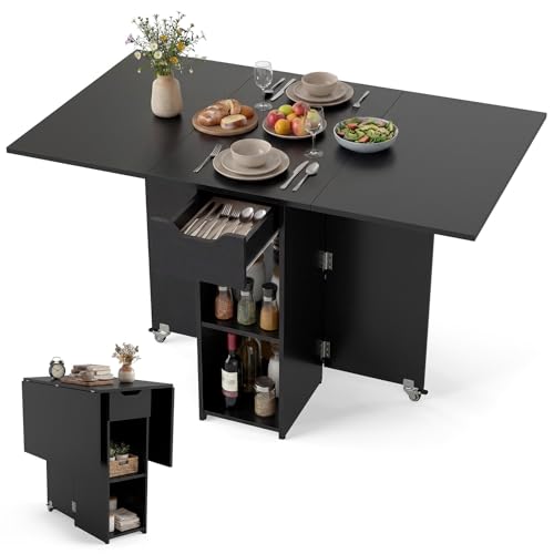 GIANTEX Klapptisch Küche, Klappbarer Esstisch Klein, Mobiler Küchentisch mit 2 Rädern, 120x72x75cm, Esszimmertisch für 4-6 Personen, Ausklappbarer Tisch für Klein Räume, Küchentisch Holz mit Schublade