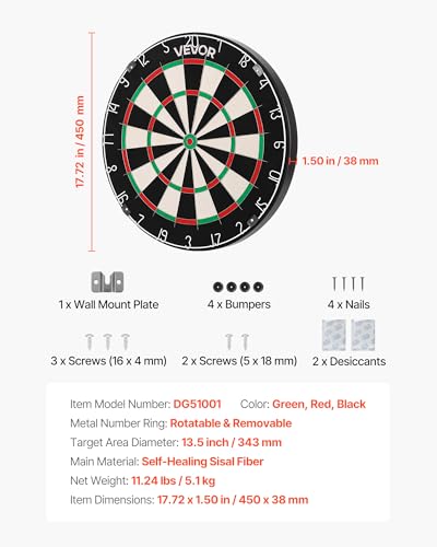 VEVOR Dart Board, High-Grade Self-Healing Sisal Fiber Dartboard with Staple-Free Bullseye, Blade Wire & Rotating Number Ring, 450mm Professional Dartboard for Home Party Game Room (Darts Not Included) - Image 7