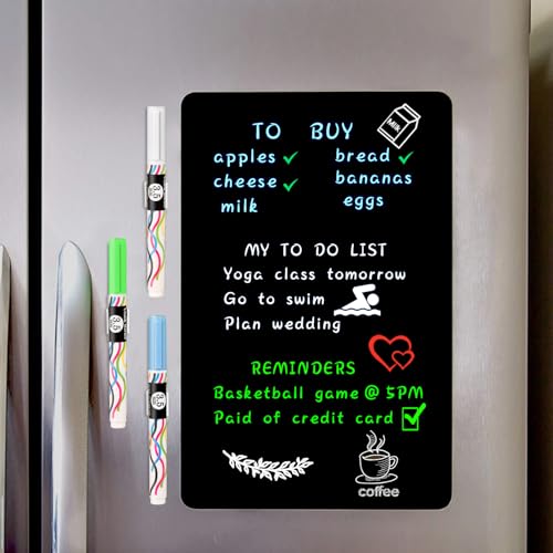 ANLIOTE Magnetic Black Dry Erase Board Sheet 17' x 11' for Fridge, Easy to Read with 3 Bright Colors Chalk Markers, Small Refrigerator Magnet Whiteboard for Family Planner Grocery List