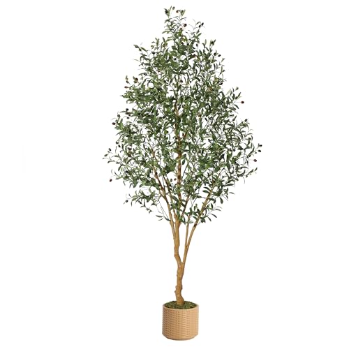 Olive Trees Artificial Indoor, 8ft Tall Artificial Olive Plants - Tall Faux Olive Tree with Planter, Fake Topiary Silk Tree with Natural Wood Trunk and Lifelike Fruits for Home Office Decor 1Pack