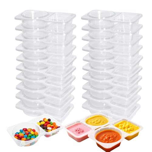 Gute 40 recipientes de condimentos de doble compartimento, contenedores reutilizables, recipientes de aperitivos y salsas, mini macetas de plástico con tapas para salsas, aperitivos, microondas y