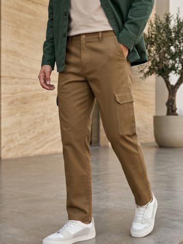 Image of Urbano Fashion Men's Khaki Regular Fit Solid Cargo Chino Pant with 6 Pockets