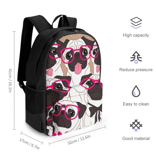 Supdreamc Cute Pug Dog With Pink Tie And Glasses Rucksack Polyester Anti-Theft Multipurpose Bookbag Big Capacity Travel and Sport Backpack Rucksack With Side Pockets2