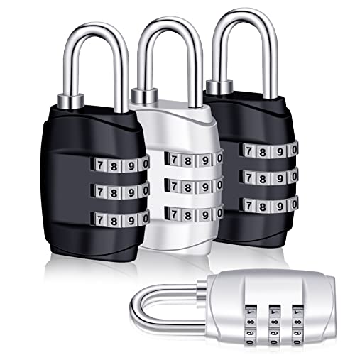 Fingertoys Lot de 4 Serrures à Bagages à 3 Chiffres,Cadenas à Combinaison Voyage Cadenas Code Cadenas De Casier pour Bagage Valise, Casier Sport, Coffre à Outils, Armoires et Rangement - (Argent-Noir) Cover