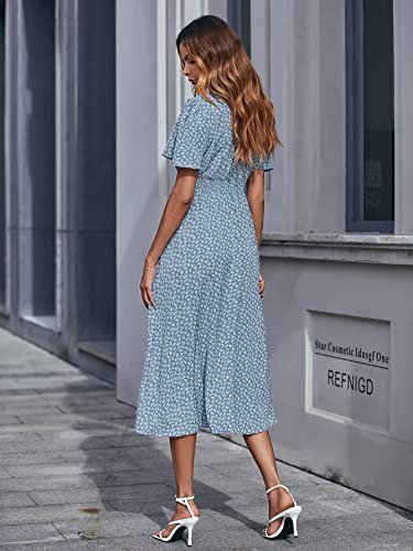 Floerns Women's Short Sleeve Boho Floral Dress A Line Smocked Midi Dress A Blue L #TOP1
