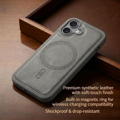 Image of amazon basics Premium PU Leather Case for iPhone 16, MagSafe Compatible Magnetic Ring, Sleek Protective Back Cover - [Gray]