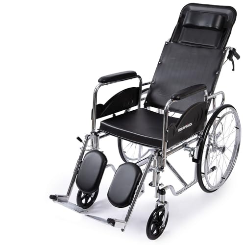 Equipmed Folding Manual Reclining Wheelchair Self Propelled, 24" Rear Wheels, Chrome Steel Frame, 46cm Wide Seat, 100kg Capacity, Park Brakes