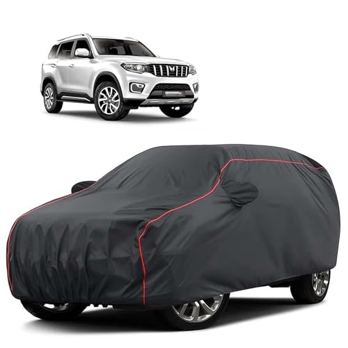 Image of Sulfar 100% Water Resistant Car Body Cover Compatible with Mirror for Mahindra Scorpio N (Triple Stitched, Full Bottom Elastic, Dark Grey Tafetta with Red Piping)