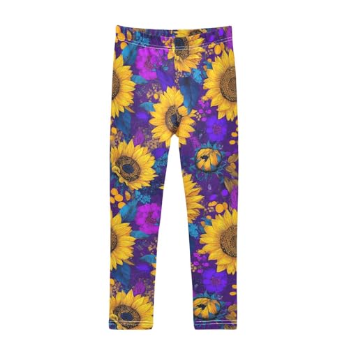 Bright Sunflower Purple Flowers Girls Leggings Soft Stretch Workout Yoga Dance Pants for Kids Casual Tights