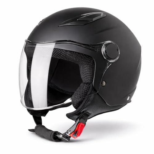 VINZ Magic Casco de Moto para Niño | Casco Jet en Tallas YS–YXL | Casco para Niños para Moto, Scooter, Ciclomotor | Certificado ECE 22.06 – Negro Mate