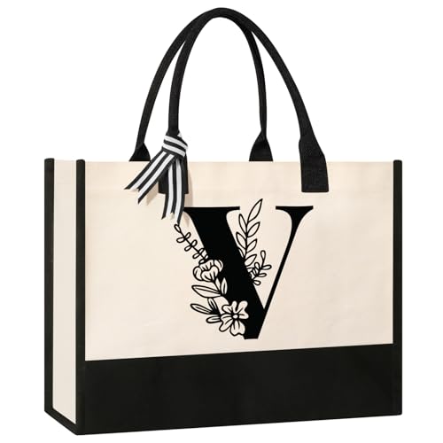 Image of Personalized Initial Canvas Tote Bag, Suitable for Birthday, Wedding, Beach, Holiday, Gifts for Women, Mom, Teachers, Nurses, Best Friends, Bridesmaids (V)