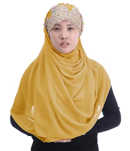 Lina & Lily Premium Chiffon Hijab Head Scarf Wrap with Gold Sequins Glitters Beads for Muslim Women