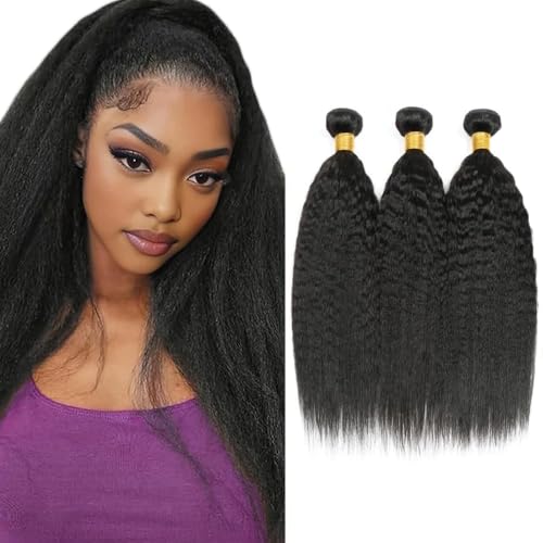 Yaki Straight Bundles Human Hair #1B Natural Black Human Hair Bundles 16 18 20 Inch SeeGovie Unprocessed Brazilian Virgin Hair Natural Color Kinky Straight Bundle Human Hair Extensions 150 Gram