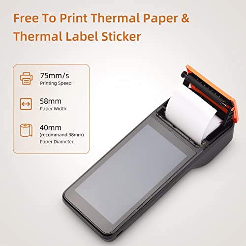 Image of POS Receipt Printer, Handheld 3G PDA Terminal for Android 8.1 1D 2D Barcode Scanner, Support 3G BT WCDMA, with 5in Touchscreen, 58mm Width Thermal Label Printing for Supermarket Small Business