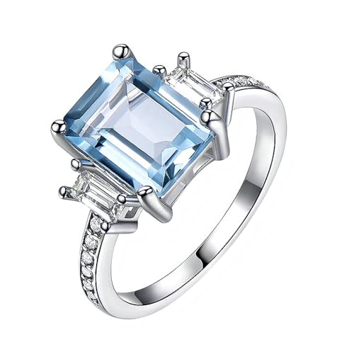 925 Sterling Silver Aquamarine Ring Three-Stone 7 * 9 MM Emerald Cut Aquamarine Rings for Women Moissanite Engagement Rings Gift for Lover