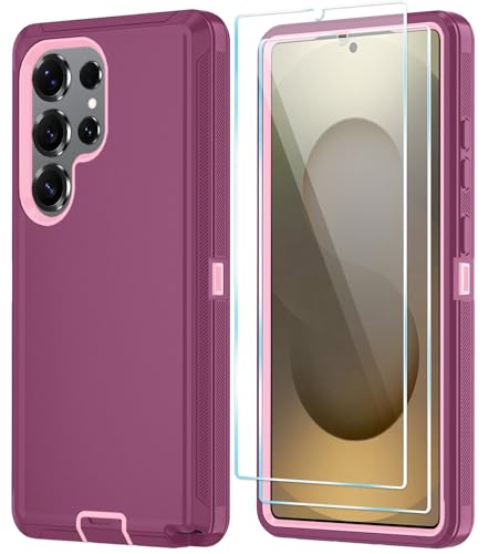 ONOLA Phone Case for Samsung Galaxy S25 Ultra Case with HD Screen Protector, Heavy Duty Shockproof & Dropproof 3-Layer Cover Phone Case for Galaxy S25 Ultra 6.9''，WineRedPink