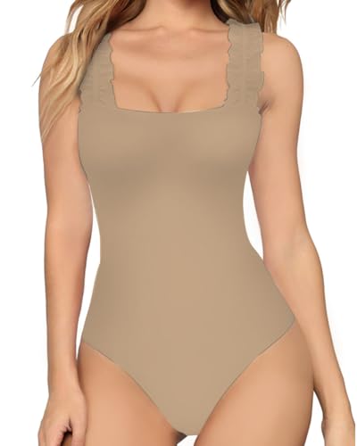 Image of MANGOPOP Tank Tops Bodysuit for Women Square Neck Sleeveless Ruffle Elastic Straps body suit shirts, Mocha, Small