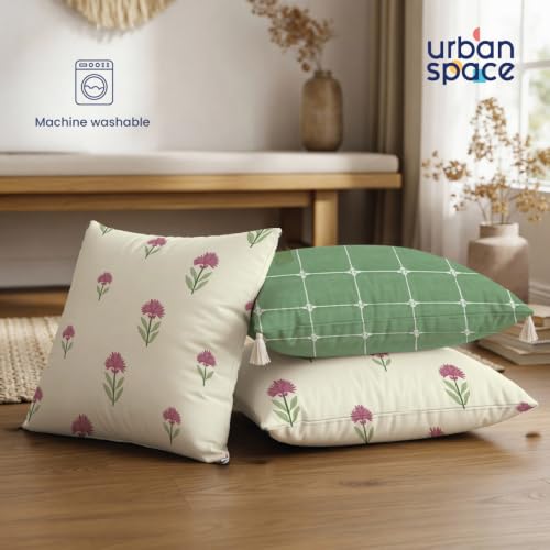 Image of Urban Space Decorative Cotton Cushion Cover Set of 3, 16 Inch X 16 Inch Cushion Covers for Sofa, Bedroom, Living Room (Aster Pink + Aura Checks sage Green with White Tassel, 40Cm X 40Cm, Set of 3)