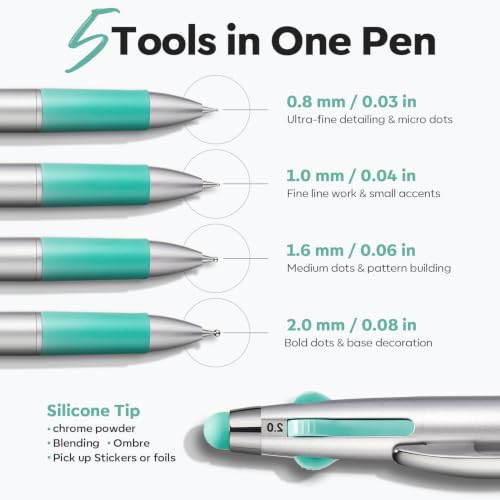 Image of Modelones 5 in One Nail Dotting Tool Pen, Nail Design Tools Pens with Sizes Marking Press Stainless Steel Tips & Silicone Applicator for Painting Dots Ombre Chrome Sculpting DIY Design