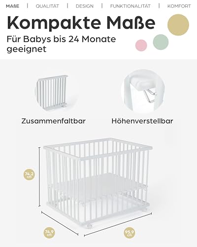 Laufgitter Baby Leon, 75x95 cm, 3-fach höhenverstellbar, schadstoffrei in Holz Weiß I Mobiler Laufstall faltbar mit gepolstertem Boden I Lawalu Absperrgitter Baby, Stubenwagen mit Rollen