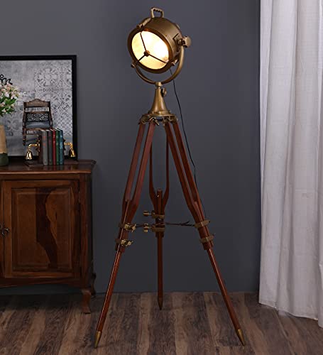 Image of Wooden Tripod Spot Light Floor Lamp with Wooden Spot Light Head for Livingroom, Bedroom, Drawingroom, Reading Lamp, Spotlight (Antique)
