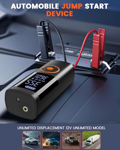 Image of Jump Starter with Air Compressor, Jump Battery, Battery Jumper Starter Portable Jump Starter with LCD Display, Smart Jumper Cables, LED Light (Black)