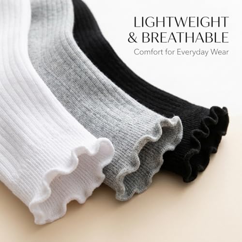 Image of Tipi Toe Women's 6 Pairs Quarter Crew Socks - Lightweight Solid Color Turn-Cuff Ruffle Lettuce Edge Dress Socks, Size 9-11