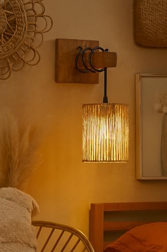 Image of AKWAY Rattan wall Lamps for Living Room | Bamboo wall Lights for Bedroom | Cane wall scones for Home Decoration (Bulb Not Included) (Raffia Hang)