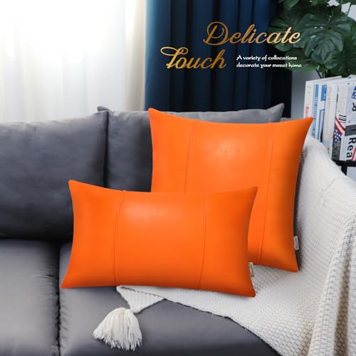 Image of BRAWARM Orange Leather Throw Pillow Covers 12 X 20 Inches - Faux Leather Lumbar Pillow Cover with Piping, Hand Stitched Leather Throw Pillow for Couch Sofa Bed Living Room Home Decorative