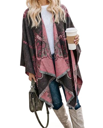 Image of Bestshe Women's Boho Open Front Poncho Plaid Shawl Wrap Cape | Tassel Cardigan Sweater, Cozy Layering, Fall Winter Clothes for Women
