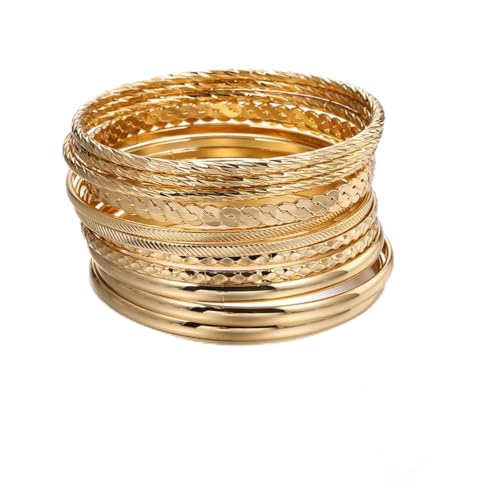 Sprinlot Armreif Gold, 12 Pcs Goldener Schmuck Women, Gold Bracelet, Vergoldetes Und Versilbertes Damenarmband-Set, Indischer Schmuck, Chunky Jewelry, Goldschmuck Damen, Glattes Armbandset Für Frauen