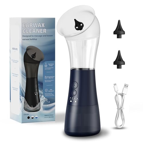 Eliminador de Cerumen, VINIPO Limpiador de Cerumen Eléctric Kit de Cuidado con 4 Modos de Lavado, Lavador de oídos recargable Doble Depósito de Agua (Azul)