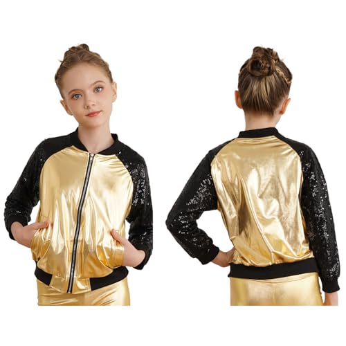 Loyan Kids Girls Zipper Bomber Jacket Shiny Sequins Coat Casual Outerwear Jazz Hip Hop Dance Outfits 6-16 Years