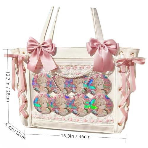 Image of Ribbon Ita Bag Pins Display Single Shoulder Crossbody Bag PU Leather Big Capacity Tote Bag with Zipper (White)