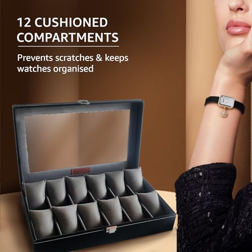 Image of Amazon Basics Unisex Faux Leather Watch Organiser Box with 12 Slots |Watch Organiser with Transparent Lid (Black)