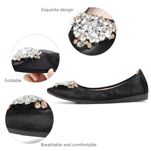 Image of KUNWFNIX Women Ballet Flats Rhinestone Wedding Ballerina Shoes Foldable Sparkly Comfort Slip on Flat Shoes